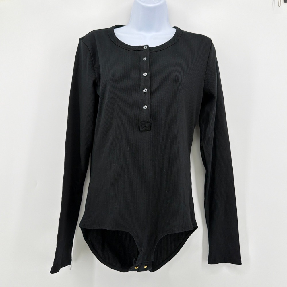 J Crew Ribbed Henley Bodysuit NWT Long Sleeve Black Snap Gusset Large Casual